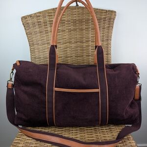 DSW Burgundy Corduroy Weekender Tote Shoulder Bag Brown Faux Leather Trim